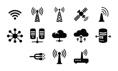 Obraz premium 13 Network icons wifi antenna satellite cloud server router, outline solid styles, UI and web interface design