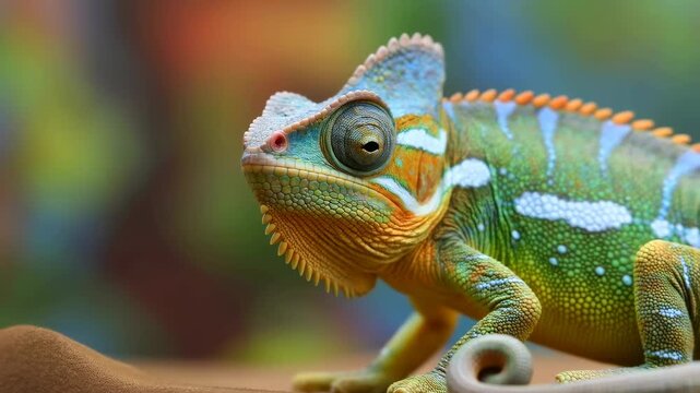Colorful chameleon perched on a branch, showcasing its vibrant scales and unique features. A symbol of adaptability and nature's beauty