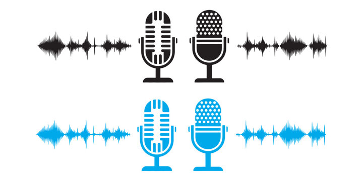 Microphone sound wave icon, digital audio recording device voice message podcast symbol speech mic transparent background vector set