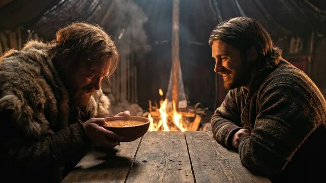 Esau trades his birthright to Jacob (the future Patriarch of Israel) for red lentil stew, cinematic lighting in ancient tent.