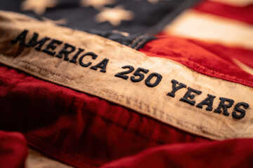 Fototapeta premium Close up of an American stars and stripes flag with America 250 year celebration lettering