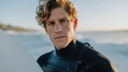 Fototapeta premium Close-up portrait of a surfer with blond hair and blue eyes wearing a wetsuit