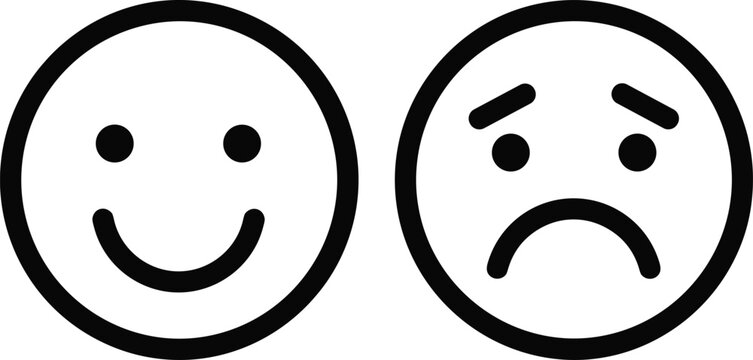 Smiling and frowning face icons illustration, simple line art emotional expression design, happiness and sadness contrast concept, mood communication symbol