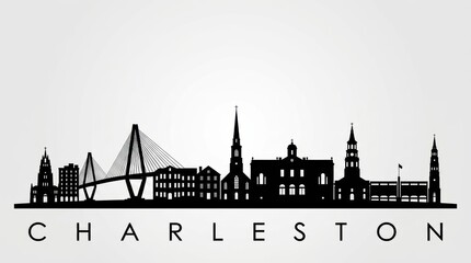Naklejka premium A black-and-white vector illustration of the Charleston, USA skyline and landmark silhouettes, presented in a clean, stylized design.