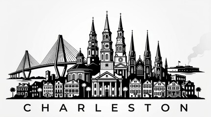 Fototapeta premium A black-and-white vector illustration of the Charleston, USA skyline and landmark silhouettes, presented in a clean, stylized design.