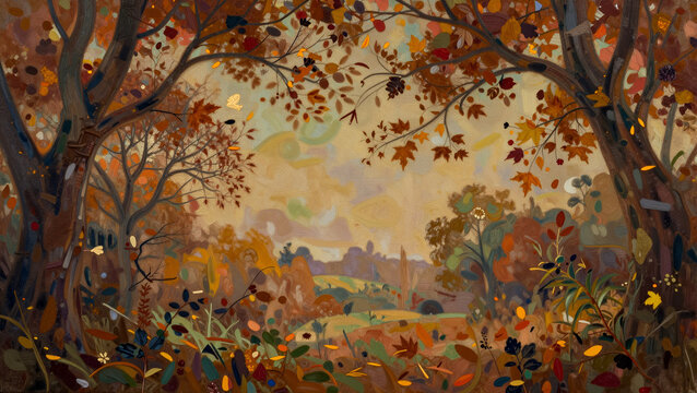 Rustic Whirl Autumnal Canvas with Framing Tree Branches and Earthy Distressed Finish