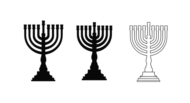 Three depictions of a menorah showcasing varying styles as a silhouette