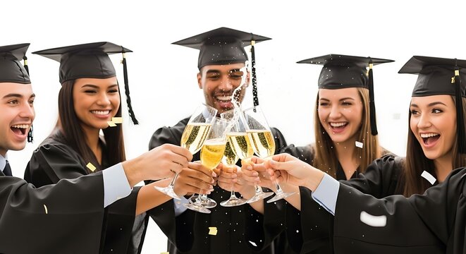 A group of happy graduates in black robes and caps celebrating with champagne