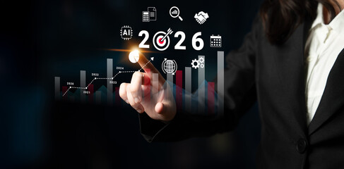 Obraz premium Bar graphs, charts, and number 2026 with AI and data analysis icons symbolizing future business innovation and analytics Parse