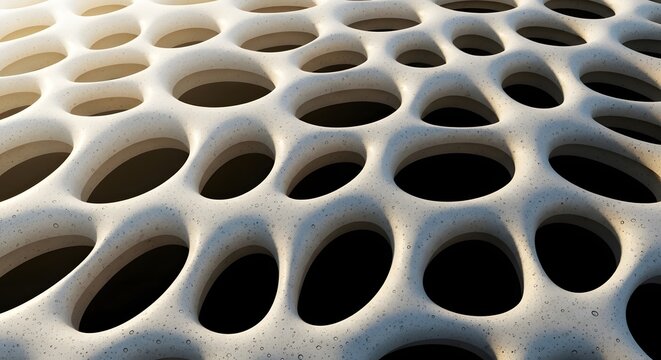 3D abstract parametric structure with organic holes. Futuristic architectural surface and porous material design. Close up of a textured white mesh wall with dramatic lighting