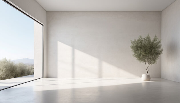 Empty Minimalist Room with Sunlight and Small Olive Tree