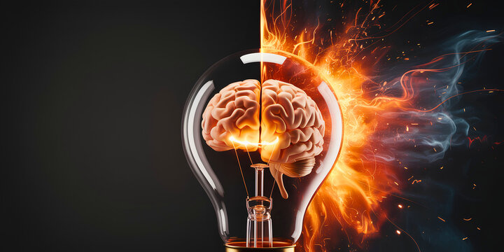 Digital illustration of a human brain inside a light bulb with explosive energy symbolizing creative intelligence, brainstorming and spark of new idea