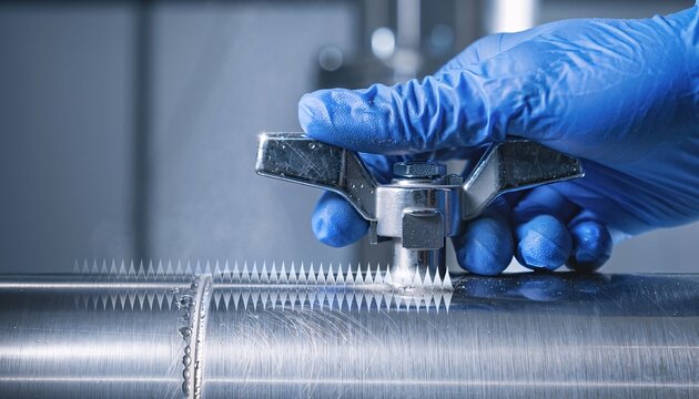 Ultra macro blue gloved hand gripping industrial valve in high shutter freeze state for maintenance inspection context illustrating vibration control and mechanical stability monitoring