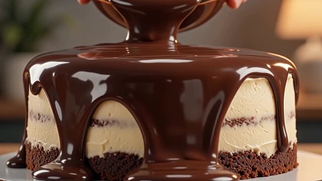 Decadent melted chocolate sauce drips down a delicious cream and cocoa sponge layer cake