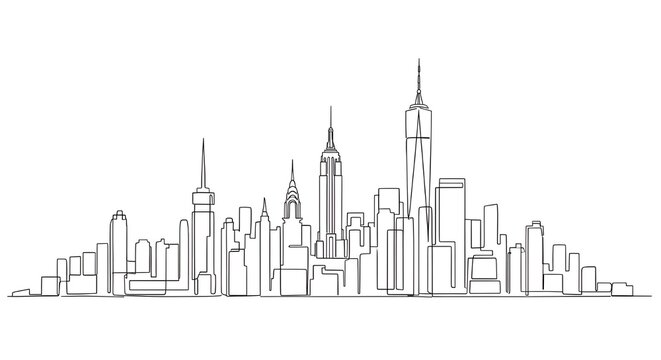 minimalist continuous line drawing depicts the iconic new york city skyline with its famous skyscrapers against a white background