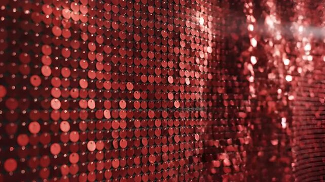 Abstract Red Sequins Background with Bokeh Effect and Light Flare.