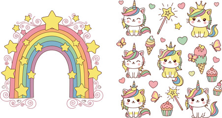 Naklejka premium Cute Unicorn Cartoon Character Set with Rainbow, Magic Wand, Cupcake, Stars and Hearts for Kids Design, Stickers, Nursery, and Fantasy Illustration