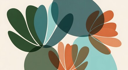 Naklejka premium Minimalist botanical abstract with teal and orange rounded shapes. Modern floral composition and organic design concept. Overlapping transparent petal forms creating a stylized flower arrangement.