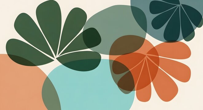 Stylized organic leaf forms in forest green and muted orange. Mid-century modern botanical art and abstract nature concept. Large flat leaf shapes overlapping on a clean light cream background.