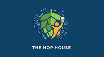 Fototapeta premium Professional logo design for The Hop House featuring a person holding a beer glass in front of a green hop and circuit lines.