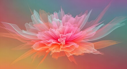 Fototapeta premium Ethereal translucent floral bloom in pink and orange. Delicate layered silk texture and soft light. Abstract glowing flower opening with elegant wavy petals