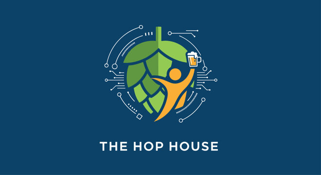 Professional logo design for The Hop House featuring a person holding a beer glass in front of a green hop and circuit lines.