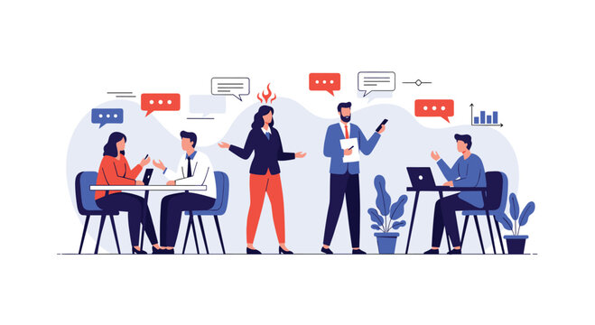 Office workplace scene depicting interpersonal conflict and stress among diverse team members during a business meeting.