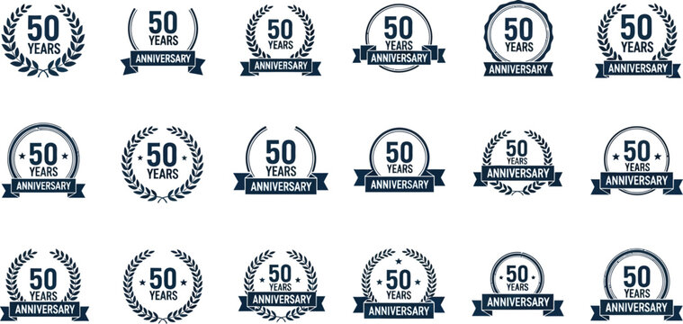 A collection of 50th anniversary logos and badges on a white background