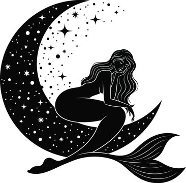 A mystical mermaid sits on a crescent moon under a starry night sky