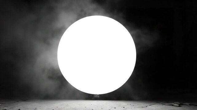 Mysterious monochrome scene with a bright white sphere in a dilapidated interior and wispy smoke creating an intriguing atmosphere.