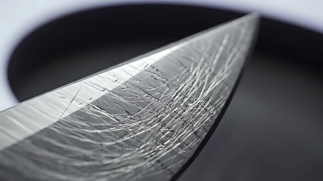 Close up of a sharp Damascus steel knife blade with intricate patterns.