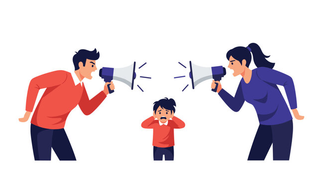Parents arguing and shouting at their distressed child through megaphones illustrating a stressful and dysfunctional family environment.