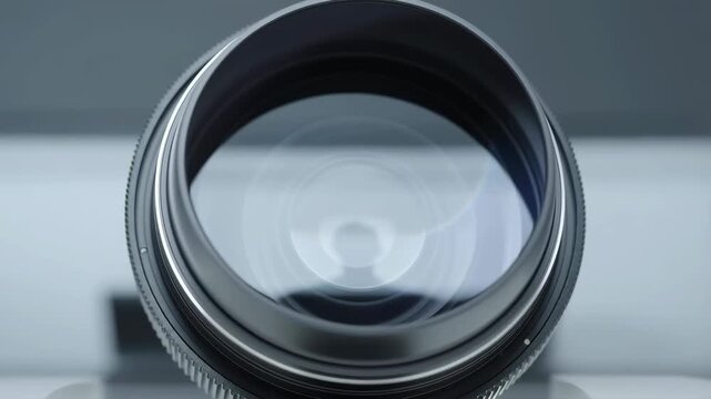 Close-up of a camera lens showcasing intricate details and reflections. Essential for photography and videography, capturing moments with precision
