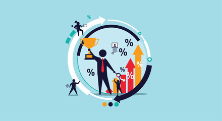 Fototapeta premium Successful business professional holding a trophy surrounded by rising arrows and percentage symbols representing high performance.