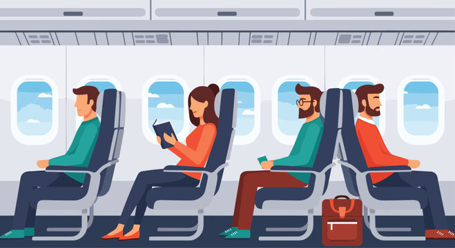 Diverse group of passengers sitting in airplane seats and engaging in various activities like reading during a commercial flight.