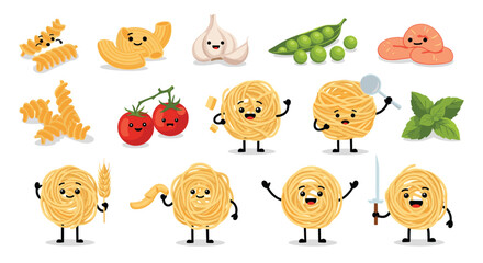 Fototapeta premium Collection of adorable and happy pasta-shaped characters accompanied by fresh ingredients like tomatoes, peas, and garlic.