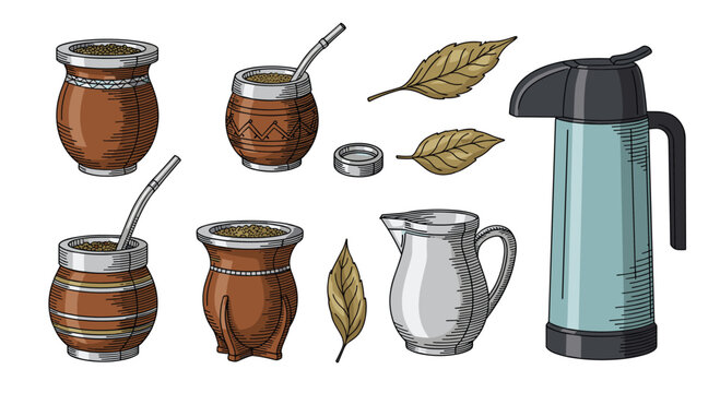 Hand drawn collection of traditional yerba mate equipment including gourds, bombillas, leaves, and a hot water thermos.