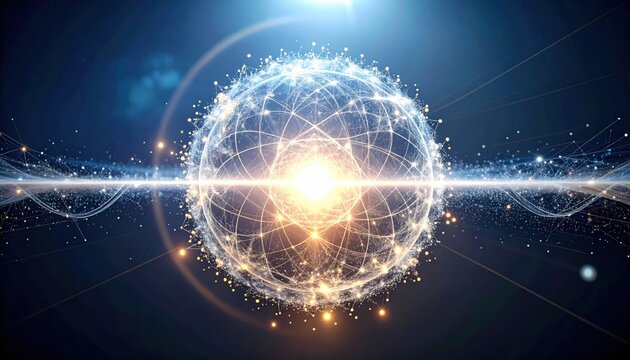A glowing digital sphere of entangled particles undergoing quantum decoherence, showcasing the intricate structures of subatomic physics in a vibrant space environment.