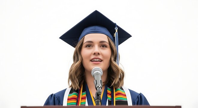 A young woman in a graduation cap and gown giving a speech at a podium