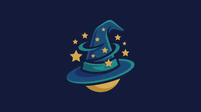 This enchanting logo design features a wizard hat encircled by stars, representing magic and creativity, suitable for fantasy-themed brands or artistic endeavors.