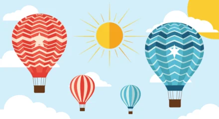 Wandcirkels Luchtballon Group of colorful hot air balloons with various patterns floating in a clear blue sky on a bright and sunny day.  © Saima