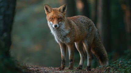 Fototapeta premium Alert red fox stands on forest floor looking directly at the camera