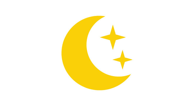 a yellow crescent moon with two twinkling stars on a white background