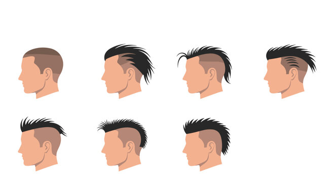 Collection of male hairstyles and haircuts shows side profile views of men with different spiked and mohawk styles in a flat design.