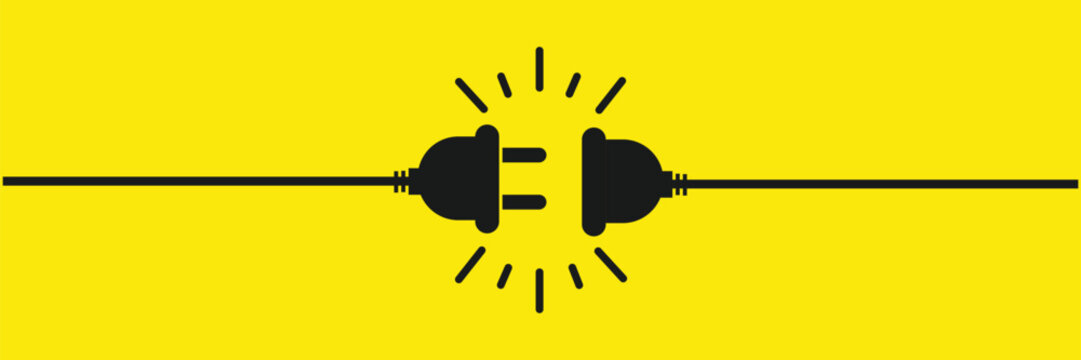 minimalist black electric plug connector spark icon on vibrant yellow background