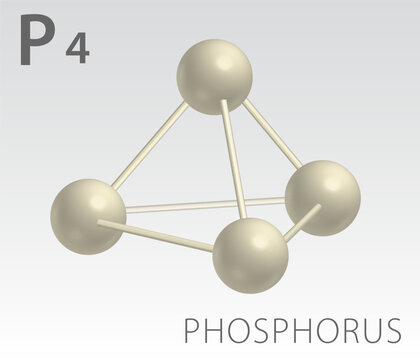 Phosphorus P4 molecule model and chemical formula.  Three dimentional model of white Phosphorus, Illustration on white background. EPS10.