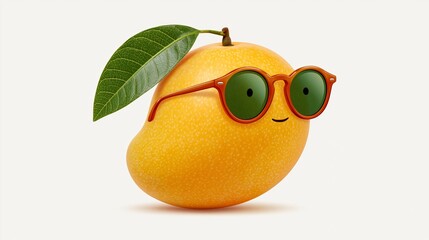 Obraz premium Cartoon mango character wearing orange sunglasses and a green leaf, set against a plain light background, showcasing a playful and whimsical design