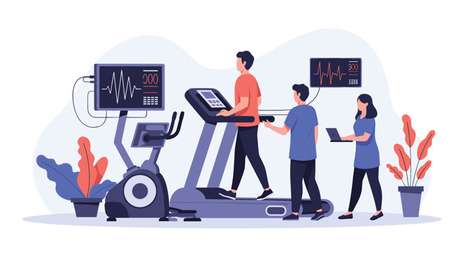 Medical professionals monitoring a patient during a cardiac stress test on a treadmill using advanced diagnostic equipment.
