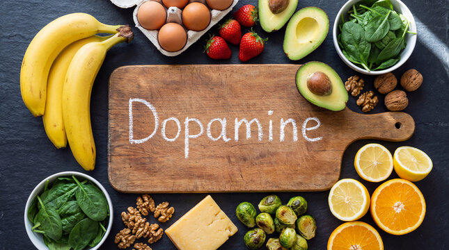Overhead shot of dopamine boosting foods on a dark background. Essential healthy diet for brain health and mood