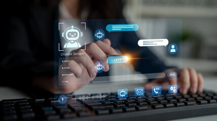 Fototapeta premium Modern AI chatbot service dashboard featuring 24 7 automated AI support, voice recognition, and omnichannel NLP AI communication. Customer experience, CRM, ask digital AI helpdesk technology. Corpus